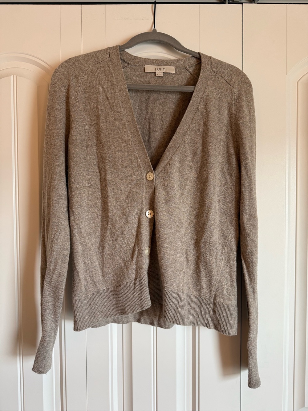 LOFT Taupe V-Neck Button Front Cardigan